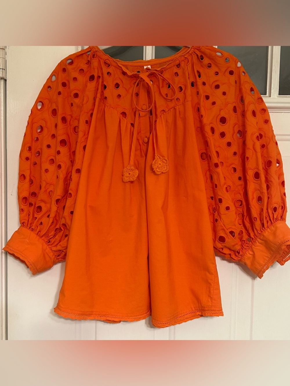 Anthropologie Women's Chantal Eyelet Blouse w/3/4 Balloon Puffed Sleeves Size XS